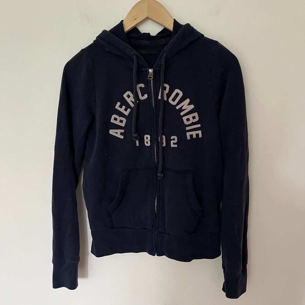 Abercrombie & Fitch Navy Blue Full Zip Graphic Hoodie Sweatshirt Logo Mens XS